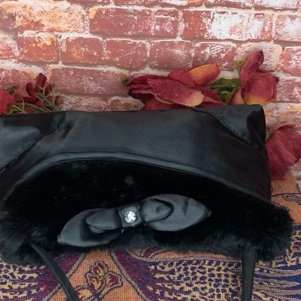 Satin Black Faux Fur Trimmed Retro Rhinestone bow Accented Clutch